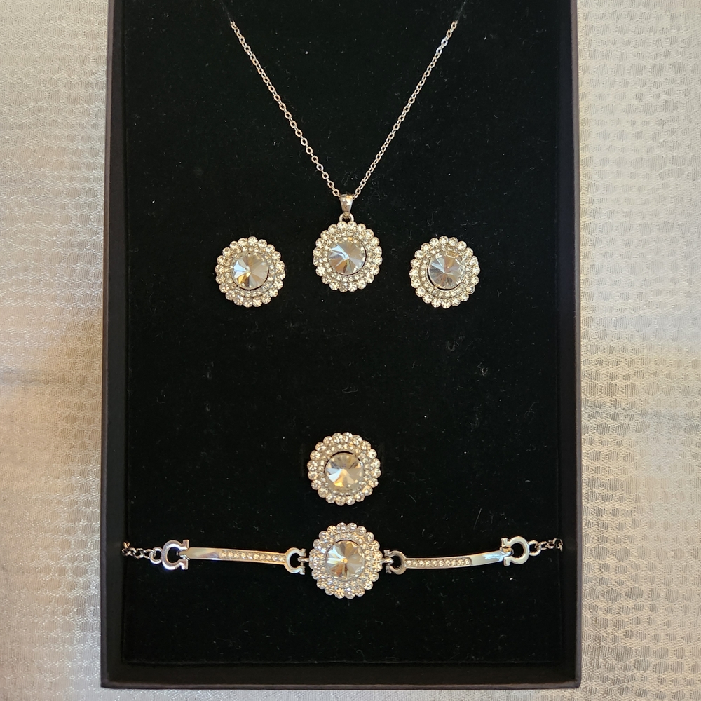 Silver And White Crystal Jewelry Set